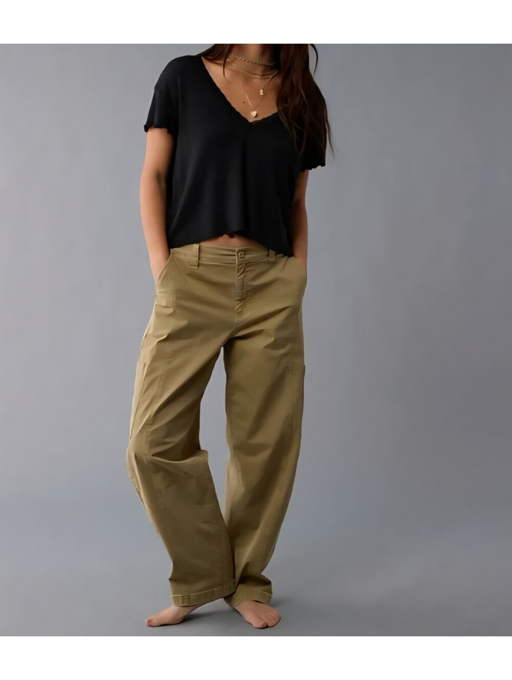 AE Soft & Sexy V-Neck Cropped Waffle T-Shirt Black Size L